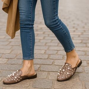 Catherine Pearl & Crystal Embellished Slide Mules | Luxe Statement Flats